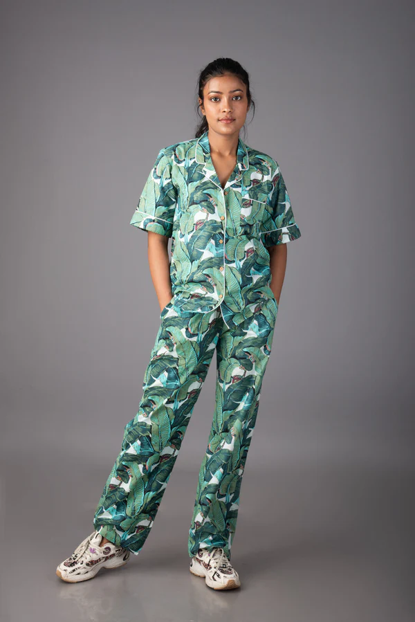 TROPICAL BLISS GREEN BANANA LEAF COTTON SLEEP WEAR SET