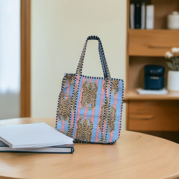 Tigress in Pastels blue & blush pink tote bag with zipper - Image 2