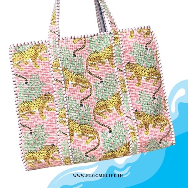 Pastel pink leopard print tote bag with zipper