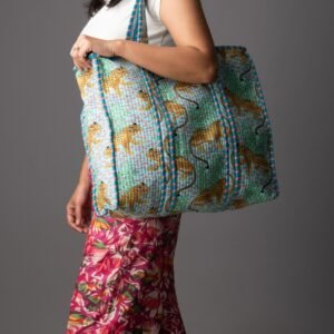 Pastel blue leopard print tote bag with zipper