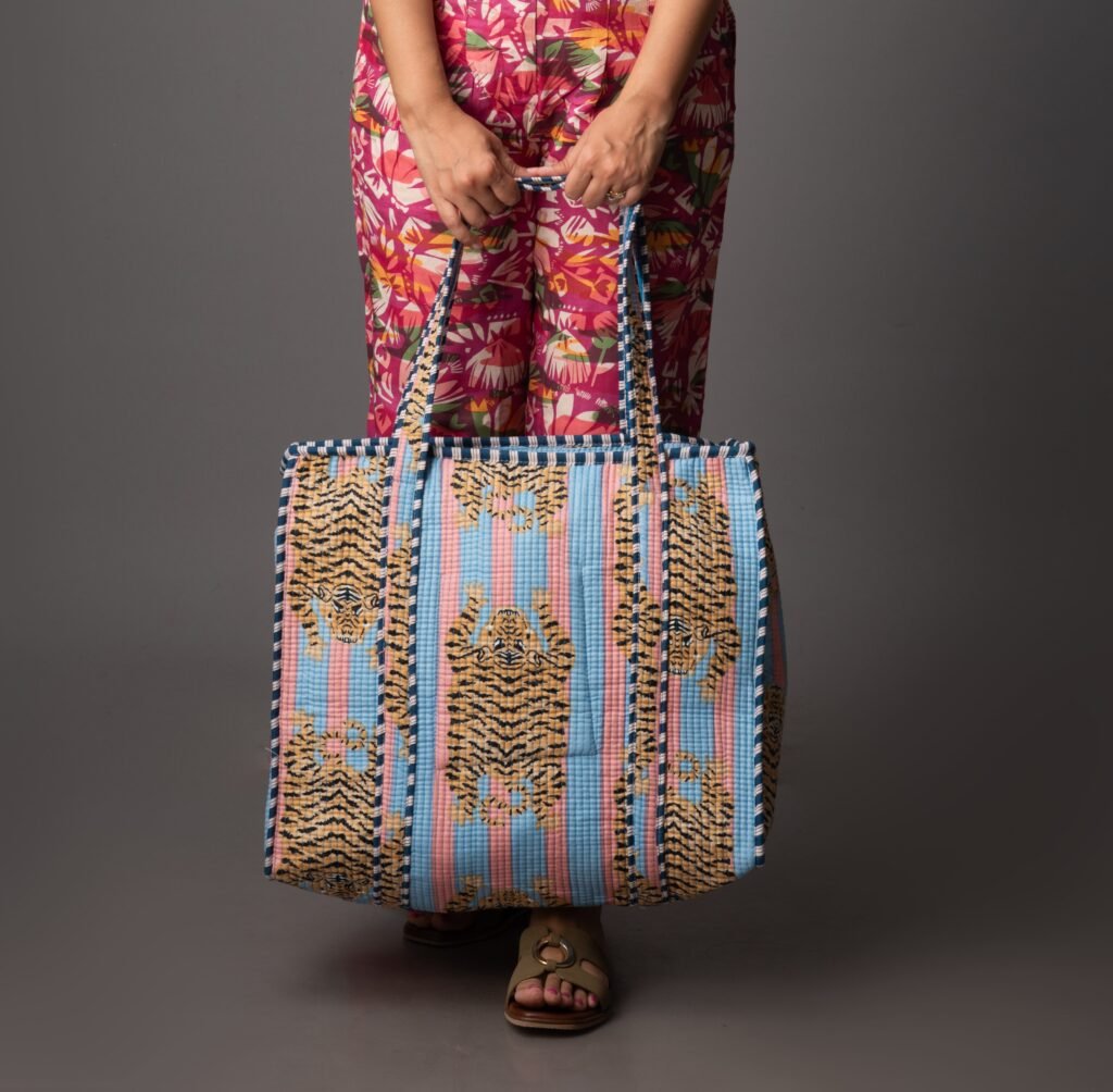 Tigress in Pastels blue & blush pink tote bag with zipper