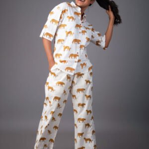 LEOPARD LUXE:WILD WHITE CHIC COTTON CO-ORD SET WITH POCKET PANTS