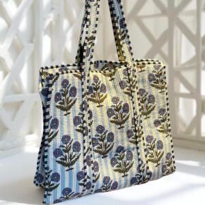 Indigo garden quilted tote bag with zipper