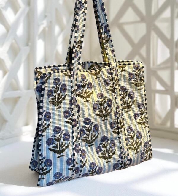 Indigo garden quilted tote bag with zipper