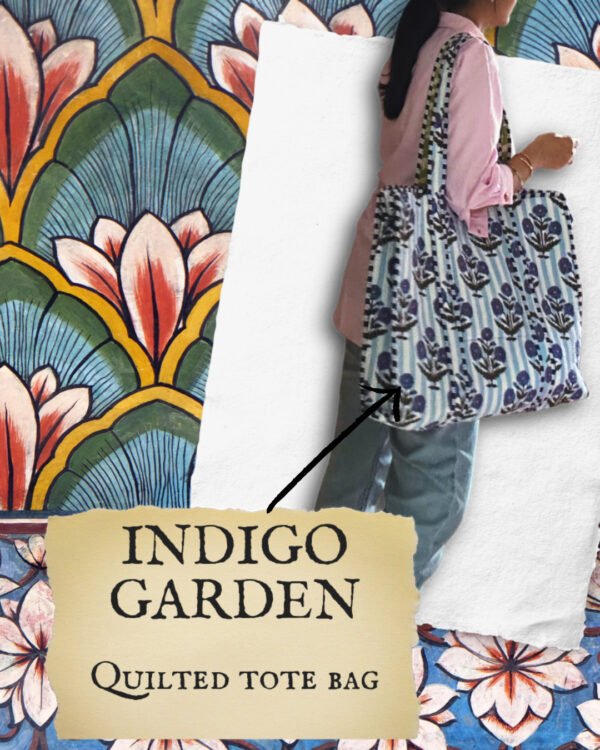 Indigo garden quilted tote bag with zipper - Image 2