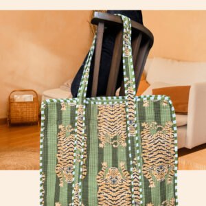 Tigress in green quilted tote bag with zipper