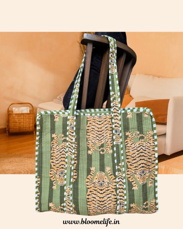 Tigress in green quilted tote bag with zipper