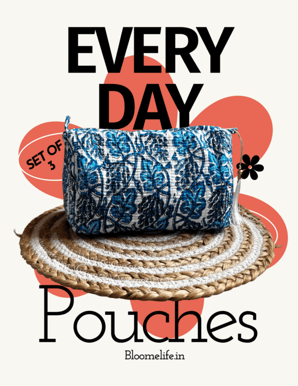 Blue floral block print everyday pouch(set of 3)