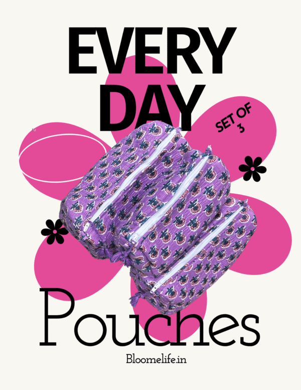 Purple block print everyday pouch(Set of 3)