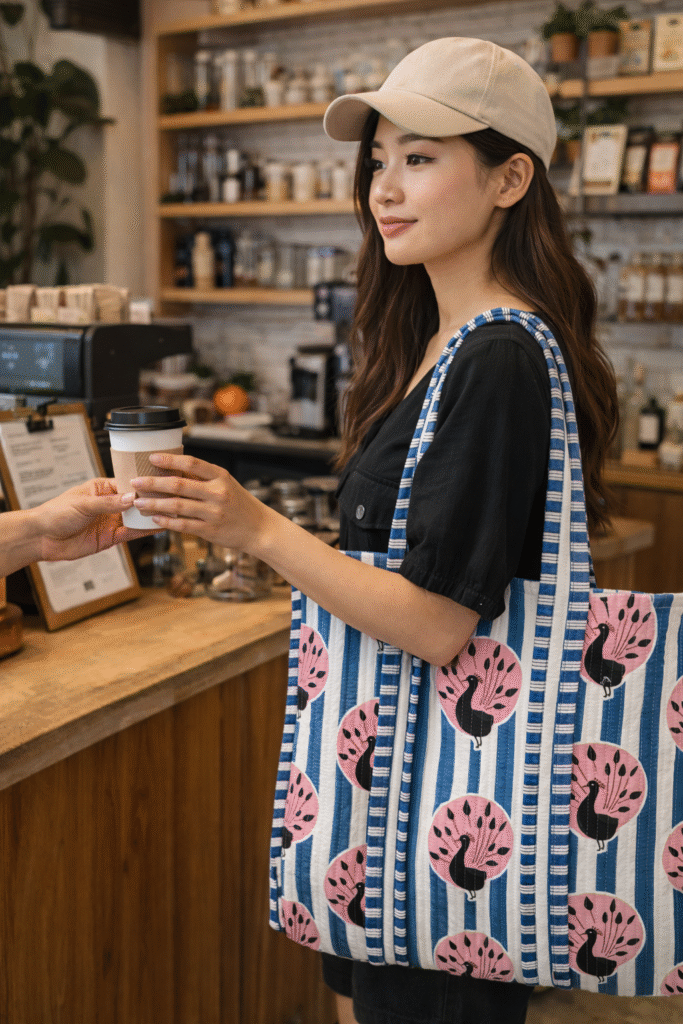 Peacock indigo blush Cotton Quilted Tote Bags for everyday use (without zip closure)